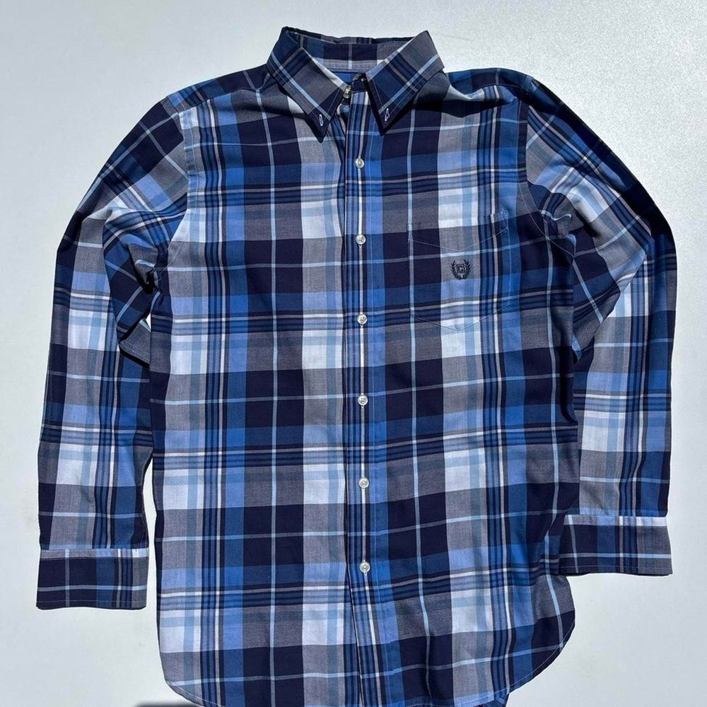 Chaps blue, white and gray plaid button-up shirt - S